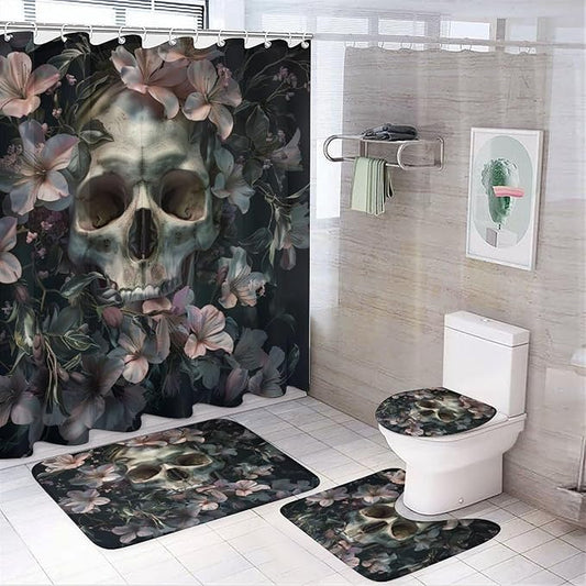 4Pcs Boho Skeleton Bone Shower Curtain Set, Non-Slip Rugs Toilet Lid Cover Bath Mat, Vintage Rustic Floral Gothic Skull Bathroom Shower Decor Sets Accessories, 72" x 72"