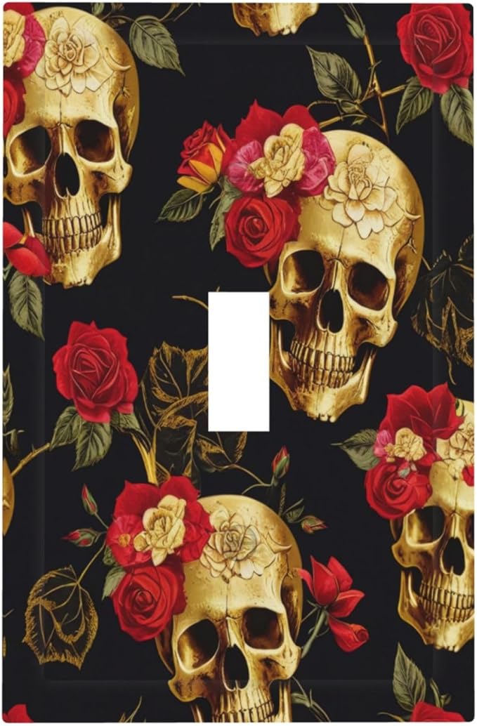 Vintage Gold Rose Floral Skull Red/Black Retro Single Toggle Light Switch Covers Decorative 1 Gang Wall Plate Covers Electrical Device Switchplate Faceplate for Country Bathroom Decor