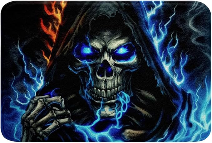 Erosebridal Gothic Flame Skull Door Mat for Bedroom Skeleton Bones Bathroom Rug Non Slip Halloween Style Bath Mat for Bathroom,Goth Blue Orange Entrance Rug 16"x24"