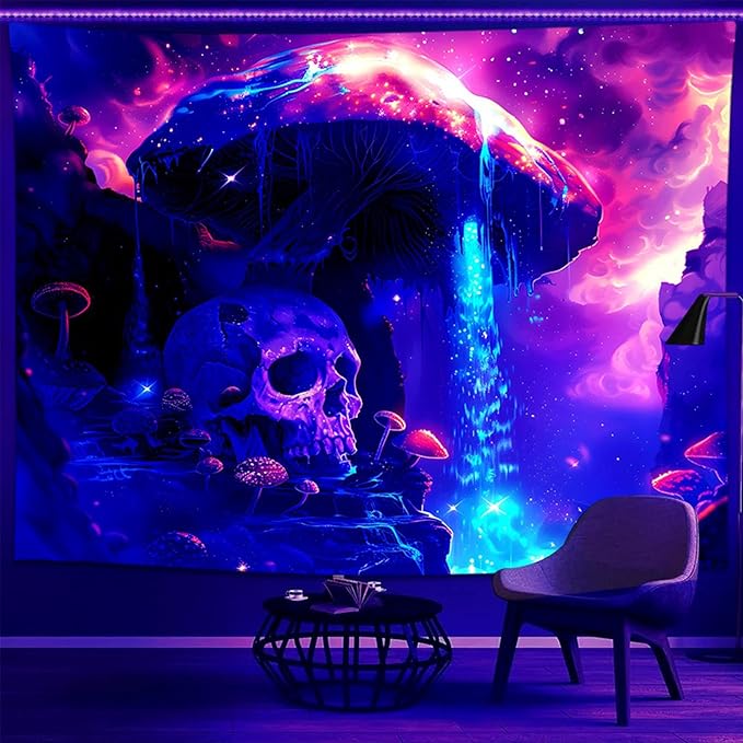 TUGCAY Blacklight Skull Tapestry Fantasy Mushroom Forest Tapestry UV Reactive Skeleton Waterfall Landscape Tapestries Wall Hanging Aesthetic Decor for Home W59.1×H51.2