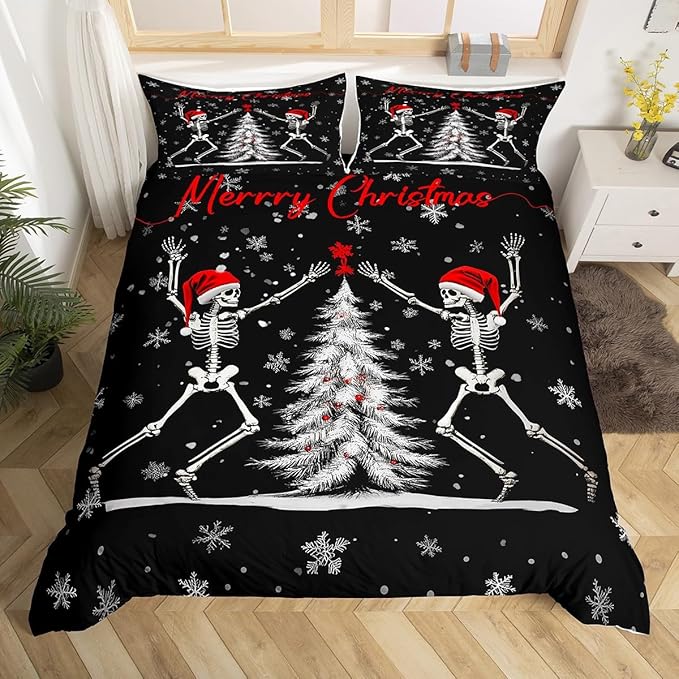 Erosebridal Christmas Themed King Size Bedding Sets Gothic Sugar Skull Duvet Cover Christmas Decortaion Comforter Cover Snowflake Winter Themed Xmas Bedding Happy New Year Bedspread Cover