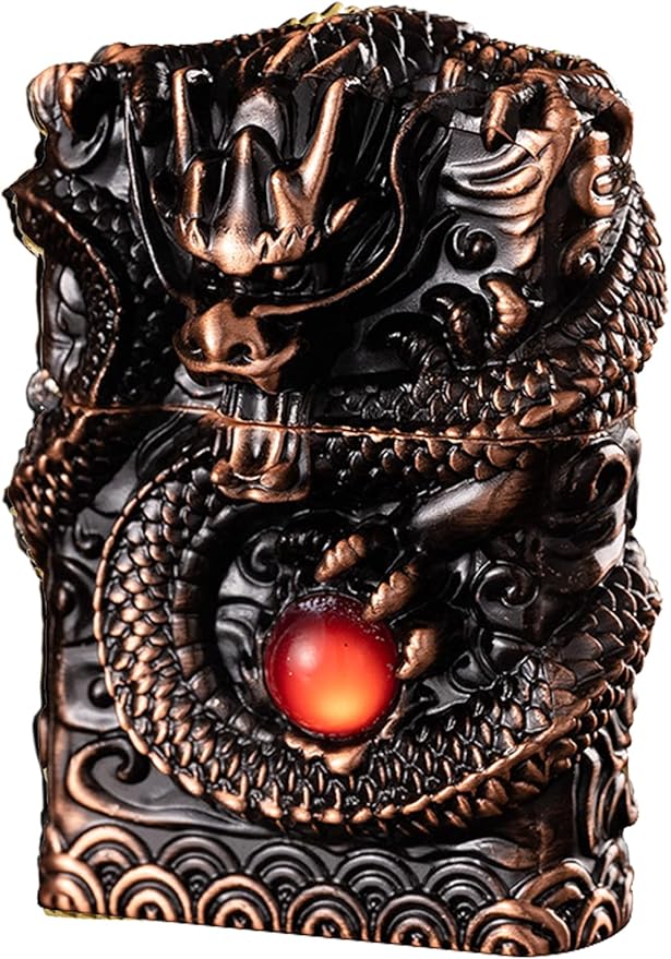 Cool Lighters, Windproof Carving Dragon Antique Lighter, Reusable Kerosene Grinding Wheel Lighter for Collection, Decorative, Gift, Present (Without Fuel) (Bronze)