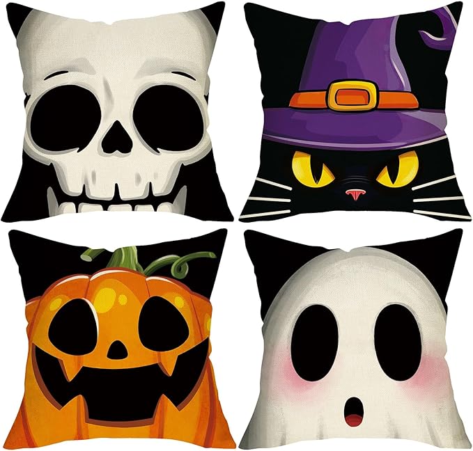Halloween Skull Decorative Throw Pillow Covers 18 x 18 Set of 4, Spooky Ghost Black Cat Skeleton Porch Outdoor Home Decor, Funny Jack O Lantern Pumpkin Couch Cushion Case