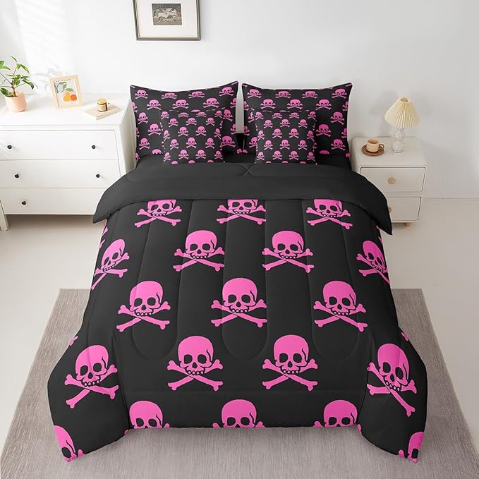 Feelyou Halloween Theme Comforter Queen Size 7 Pieces for Kids Sugar Skull Bedding Set Skull Pattern Pattern Pink Rose Skeleton Design Bed in a Bag with Comforter, Sheets, Pillowcases & Cushion Cover