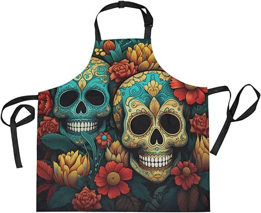 Floral Skull Art Kitchen Chef Apron Waitress Aprons with 2 Pockets for Women Boys Cooking Baking