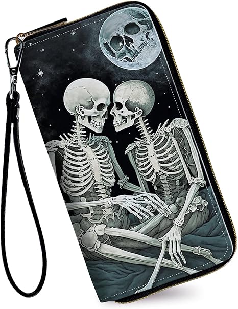 Women's Wallets,Credit Card Holder Money Leather Long Wallet with Wristlet,Large Capacity with Zip-Around Phone Purse for Women Ladies Girls,Couple Skulls