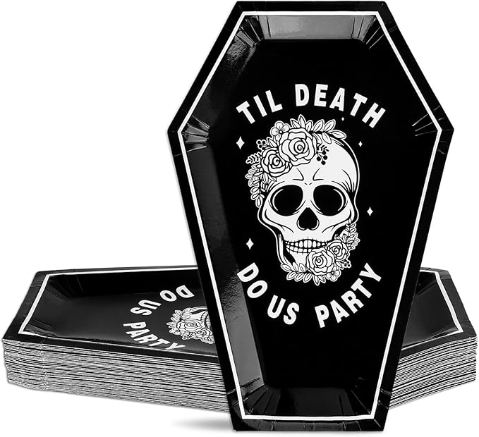 Whaline 40 Pcs Halloween Bride or Die Bachelorette Paper Plates Black Skull Flower Coffin Disposable Dessert Plates for Trick or Treat Holiday Party Table Decor Supplies