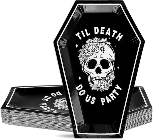 Whaline 40 Pcs Halloween Bride or Die Bachelorette Paper Plates Black Skull Flower Coffin Disposable Dessert Plates for Trick or Treat Holiday Party Table Decor Supplies