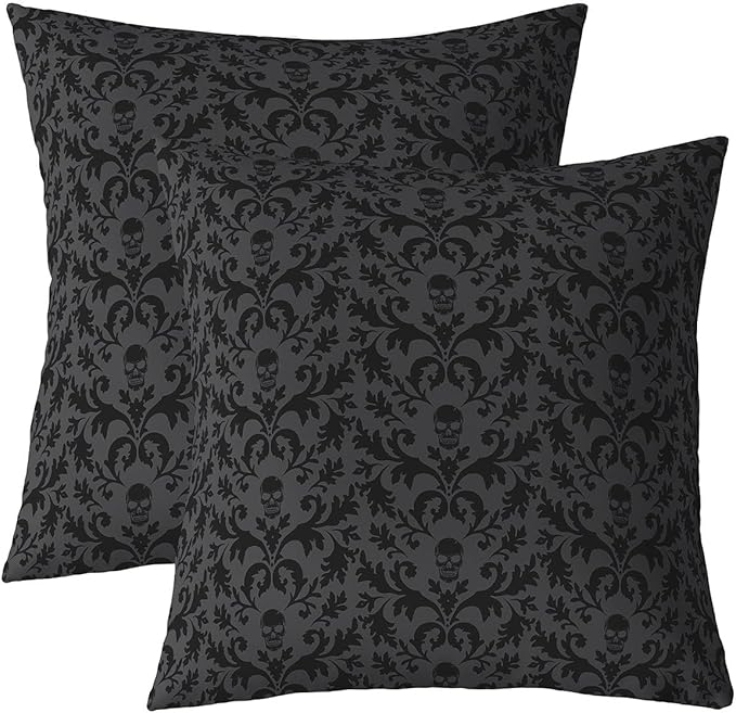 jejeloiu Black Damask Throw Pillow Covers 20"x20" Set of 2 Soft for Girls Boys Kids Gothic Goth Skull Decor Pillowcases Room Decor Vintage Floral Jacquard Bohemia Boho Texture Exotic Cushion Case