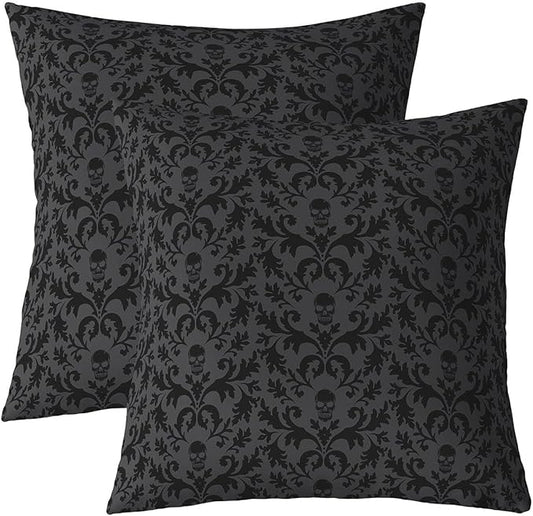 jejeloiu Black Damask Throw Pillow Covers 20"x20" Set of 2 Soft for Girls Boys Kids Gothic Goth Skull Decor Pillowcases Room Decor Vintage Floral Jacquard Bohemia Boho Texture Exotic Cushion Case