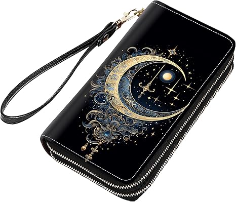 Celestial Theme Stars with Crescent Moon Print Women Large Capacity PU Leather Double Zipper Wallet, Multifunctional Clutch Purse for Cash/Card/Coin/Smart Phone