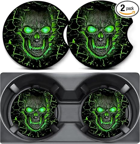 2 Pack Car Coasters for Cup Holders,Green Skull Skeleton Car Cup Holder Coasters,2.75" Universal Size Anti Slip Rubber Mat,Automotive Interior Accessories,Car Cup Holder Decor,Gifts for Women Men Mom