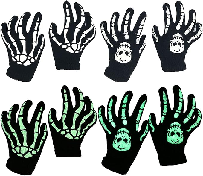 2 Pairs Novelty Halloween Skeleton Gloves, Halloween Costume Accessory Gloves with Glow in the Dark