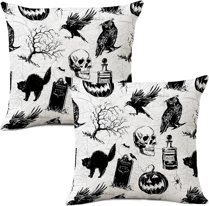 AOFANGGO Halloween Pillow Covers 18x18 Set of 2 Pumpkins Skull Spiderweb Black Cat Owl Cushion Cases Happy Halloween Sofa Bed Couch Outdoor Farmhouse Decoration