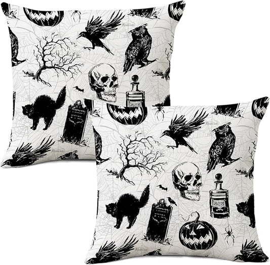 AOFANGGO Halloween Pillow Covers 18x18 Set of 2 Pumpkins Skull Spiderweb Black Cat Owl Cushion Cases Happy Halloween Sofa Bed Couch Outdoor Farmhouse Decoration