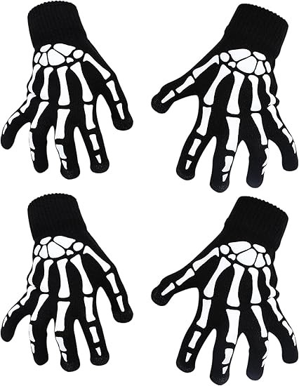 2Pairs Skeleton Gloves with Touchscreen Fingers for Kids & Adults Glow in Dark Skull Glove for Halloween Parties