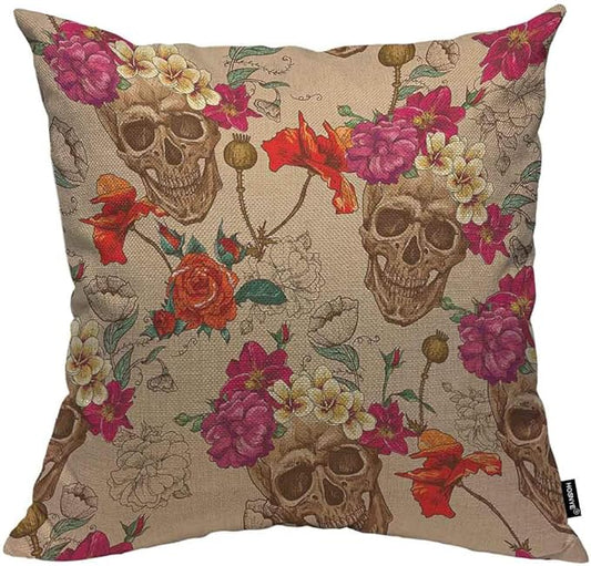 HOSNYE Skull and Flowers Throw Pillow Case Cushion Cover Sugar Skull Smiles Mexican Festival Halloween Cotton Linen for Couch Bed Sofa Car 24x24 inch