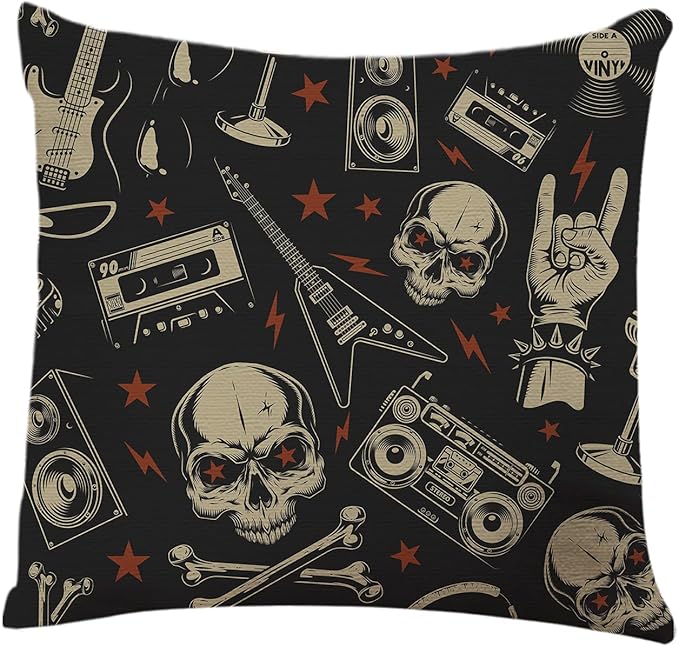 Skulls Throw Pillow Cover Rock Roll Punk Guitar Black Bone Party Radio Star Vintage Home Decor Pillowcase Cushion Cover 18x18 Inches