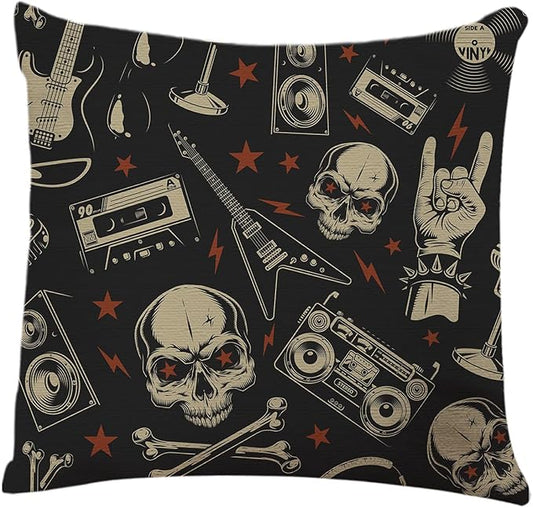 Skulls Throw Pillow Cover Rock Roll Punk Guitar Black Bone Party Radio Star Vintage Home Decor Pillowcase Cushion Cover 18x18 Inches