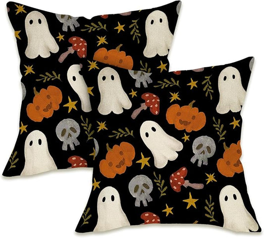 Fahrendom Halloween Spooky Ghost Decorative Throw Pillow Covers 18 x 18 Set of 2, Jack O Lantern Pumpkin Mushroom Skull Porch Patio Outdoor Pillowcase, Skeleton Couch Cushion Case Home Decor