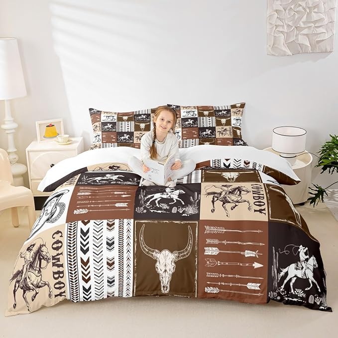 Western Cowboy Kids Duvet Cover Set Twin Size, Bull Skull Horse Arrow Print Quilt Cover with 1 Pillowcase, American West Brown Lattice Patchwork Bedding Cover for Boys Teens Room Decor, No Filler