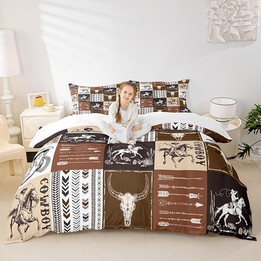 Western Cowboy Kids Duvet Cover Set Twin Size, Bull Skull Horse Arrow Print Quilt Cover with 1 Pillowcase, American West Brown Lattice Patchwork Bedding Cover for Boys Teens Room Decor, No Filler