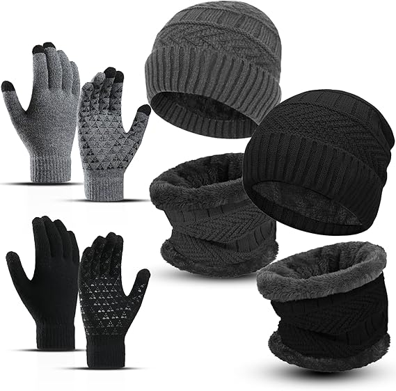 6 Pieces Winter Beanie Hat Scarf Gloves Set for Men Women,Knit Skull Cap Winter Hat Touchscreen Gloves Neck Warmer Set