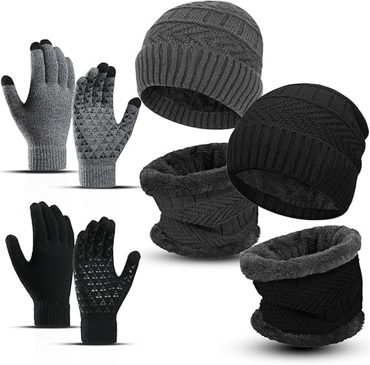 6 Pieces Winter Beanie Hat Scarf Gloves Set for Men Women,Knit Skull Cap Winter Hat Touchscreen Gloves Neck Warmer Set
