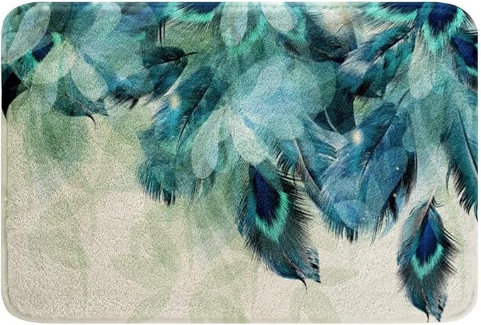 Peacock Feather Bath Mat - Turquoise Teal Peafowl Tail Feather Bath Rug for Bathroom Non Slip, Absorbent Doormat Bedroom Rug Kitchen Toilet - 16 x 24