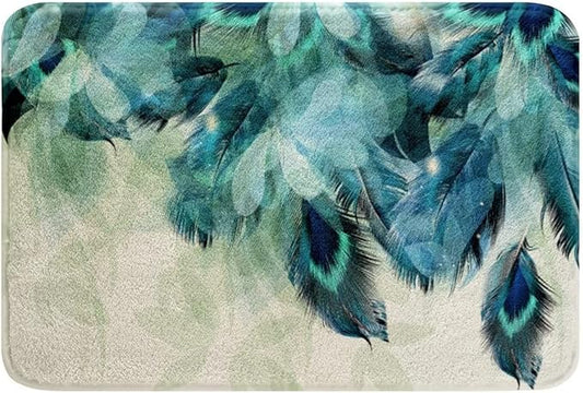 Peacock Feather Bath Mat - Turquoise Teal Peafowl Tail Feather Bath Rug for Bathroom Non Slip, Absorbent Doormat Bedroom Rug Kitchen Toilet - 16 x 24