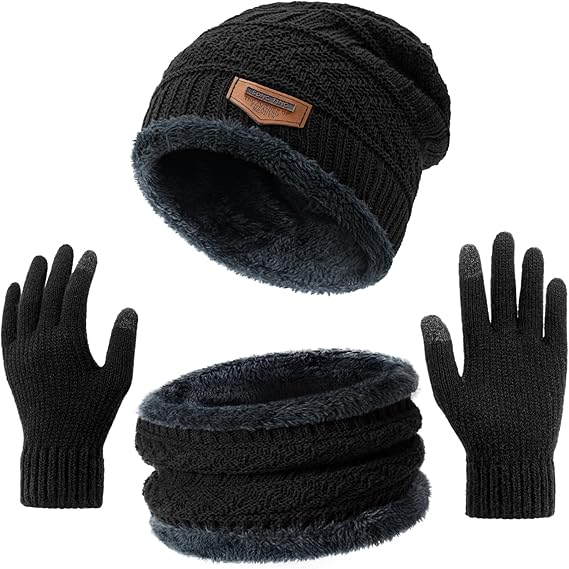 Winter Hat Beanie Scarf Touchscreen Gloves Set for Men/Women, Skull Cap Gloves Neck Warmer Set with Fleece Lined