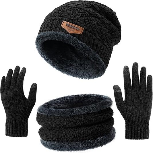 Winter Hat Beanie Scarf Touchscreen Gloves Set for Men/Women, Skull Cap Gloves Neck Warmer Set with Fleece Lined