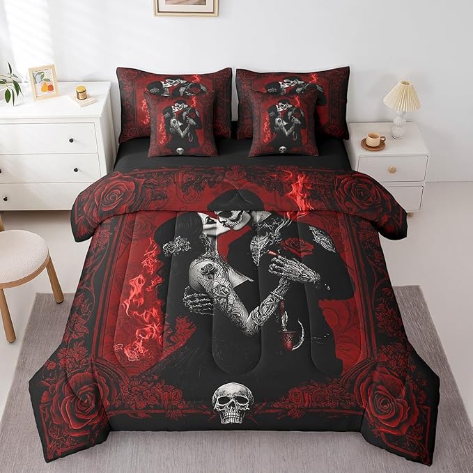 Erosebridal 7Pcs Skull Couple King Comforter Set,Kissing Lovers Skeleton Bedding Sets,Vintage Rose Flower Bed in A Bag,Gothic Spooky Lover Quilt with Flat Fitted Sheet Valentine's Day Bedroom Decor