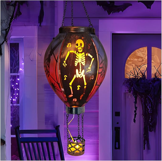 Halloween Outdoor Decorations Hot Air Balloon Solar Lantern with Flickering Flame, Hanging Outdoor Lanterns with Skull Pattern Hollowed-Out Design Halloween Party Decor for Garden, Patio (Halloween)