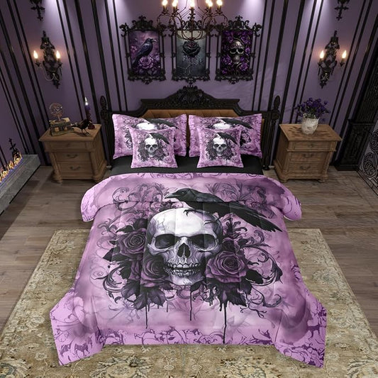 Erosebridal Gothic Halloween Skull Queen Bedding Set 7 Piece Purple Sugar Skull Bed in A Bag with Sheets Goth Bones Skeleton Comforter Set for Adults,Crow Rose Flower Bed Sets