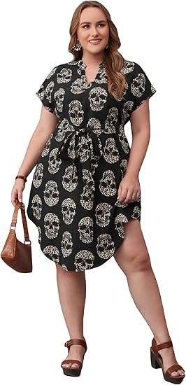 Women's Plus Notch Neck Leopard Skull Print Belted Dolman Sleeve Curved Hem A Line Dress
