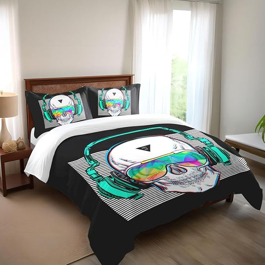 Music Skull Comforter Sets Full Size Boys Girls Punk Rocker Skeleton Printed Soft Warm Bedding for All Season