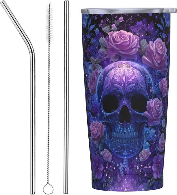Yrebyou Skull Tumbler 20oz with Lid and Straw Stainless Steel Insulated Coffee Mug Leak-Proof Travel Cup for Water Iced Tea or Coffee