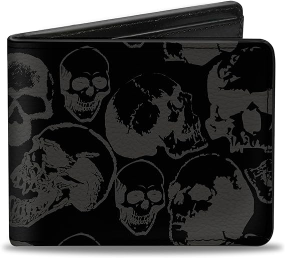 Buckle-Down Men's Wallet, Bifold, Skull Pile Black Gray, Vegan Leather, 4.0" x 3.5"