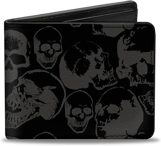 Buckle-Down Men's Wallet, Bifold, Skull Pile Black Gray, Vegan Leather, 4.0" x 3.5"