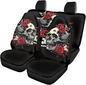 Howilath Car Seat Covers Full Set for Front Back Seat Protector Gothic Skull Red Rose Print Car Front Saddle Blanket and Auto Rear Bench Cover