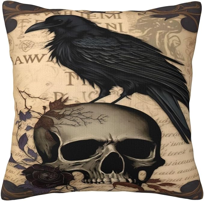 Edgar Allan Poe The Raven Skull 1 Decorative Throw Pillow Covers, 18x18 Inch, Set for Couch, Sofa, Bedroom, Living Room