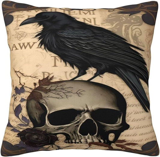Edgar Allan Poe The Raven Skull 1 Decorative Throw Pillow Covers, 18x18 Inch, Set for Couch, Sofa, Bedroom, Living Room
