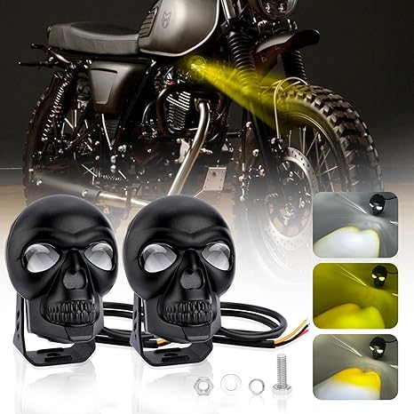 1797 Skull Motorcycle LED Fog Lights Pod Spotlight Amber White Auxiliary Lighting Skeleton Goth Light Fit Truck Pickup ATV UTV Off Road Golf Cart 12V 48V 38W 3000LM 2PCS