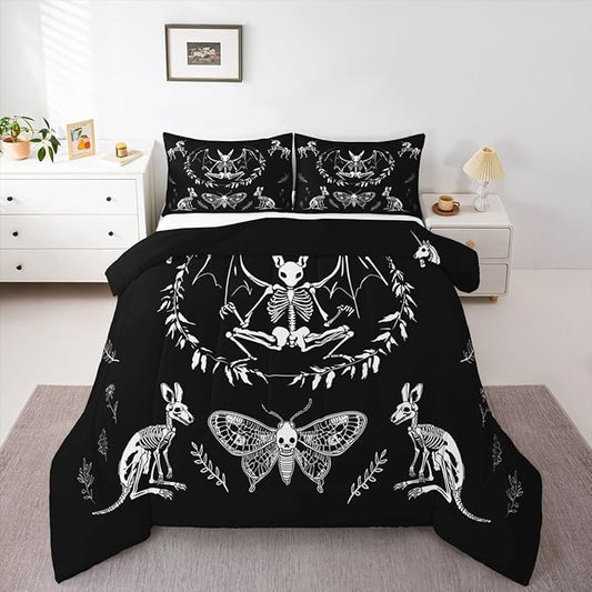Feelyou Skull Comforter Set Bat Skeleton Comforter Boho Moth Gothic Skull Bedding Set for Kids Boys Girls Adults Halloween Themed Duvet Set Ultra Soft Horror Room Decor Queen Size Quilt Set