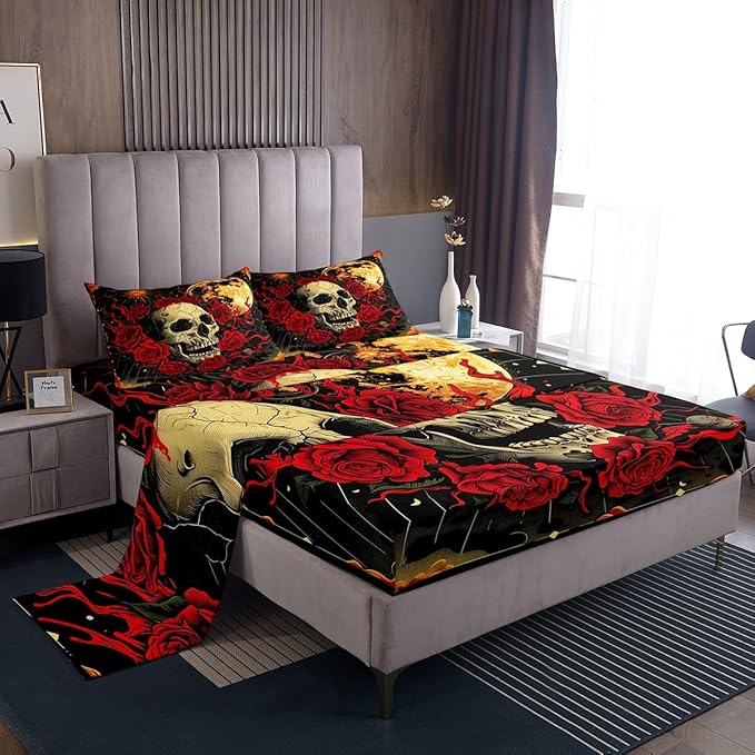 Feelyou Skull Sheet Set Queen Size Kids Rose Sheets with Deep Pocket Fitted Sheet for Boys Girls Teens Sun and Moon Bed Sheets Set Breathable Golden Red Room Decor