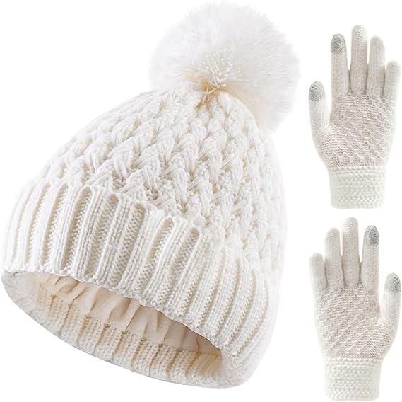 Toddler Girls Boys Beanie Hat and Touchscreen Gloves Set Knit Pom Hats Winter Skull Ski Caps 1-6 Years