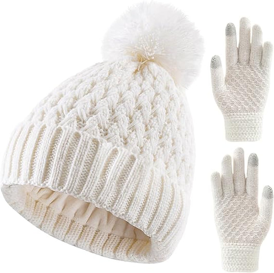 Toddler Girls Boys Beanie Hat and Touchscreen Gloves Set Knit Pom Hats Winter Skull Ski Caps 1-6 Years