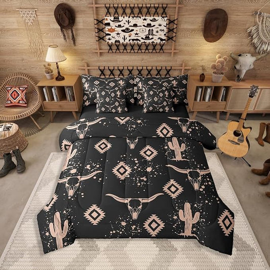 Erosebridal Aztec Comforter Set Queen Size,Rustic Bull Skull Bedding Set for Kids Teens,Southwestern Cowboy (Comforter+Fitted+Flat Sheet+2 Pillowcases+2 Throw Pillow Covers) 7 Pieces Bed Set
