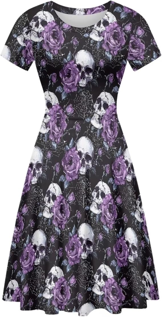 Women Puffy Swing Elegant Party Midi Dresses Short Sleeve Round Neck A-Line Dress